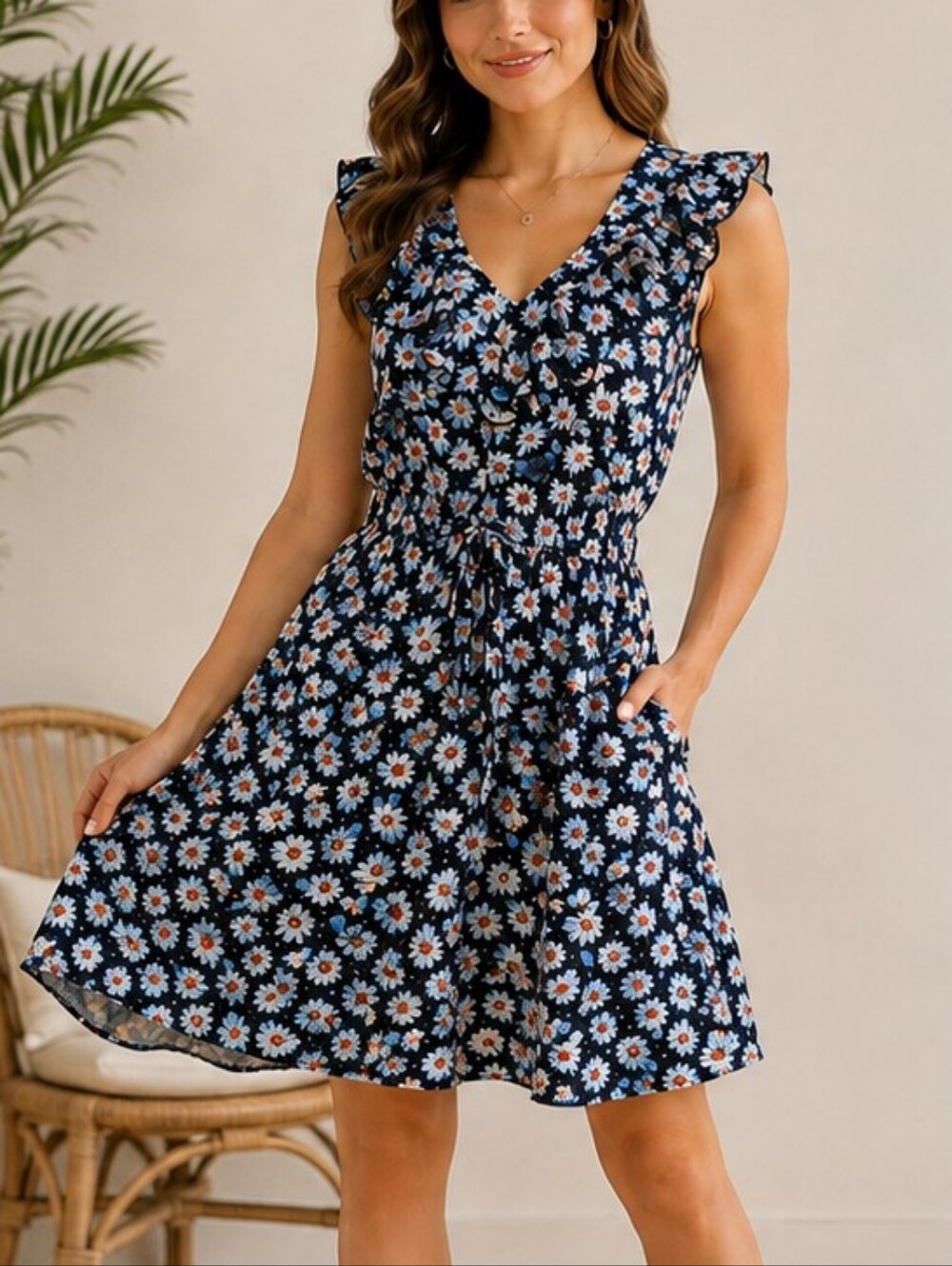 BeBop Navy Floral Ruffle V-Neck Sundress Size Medium